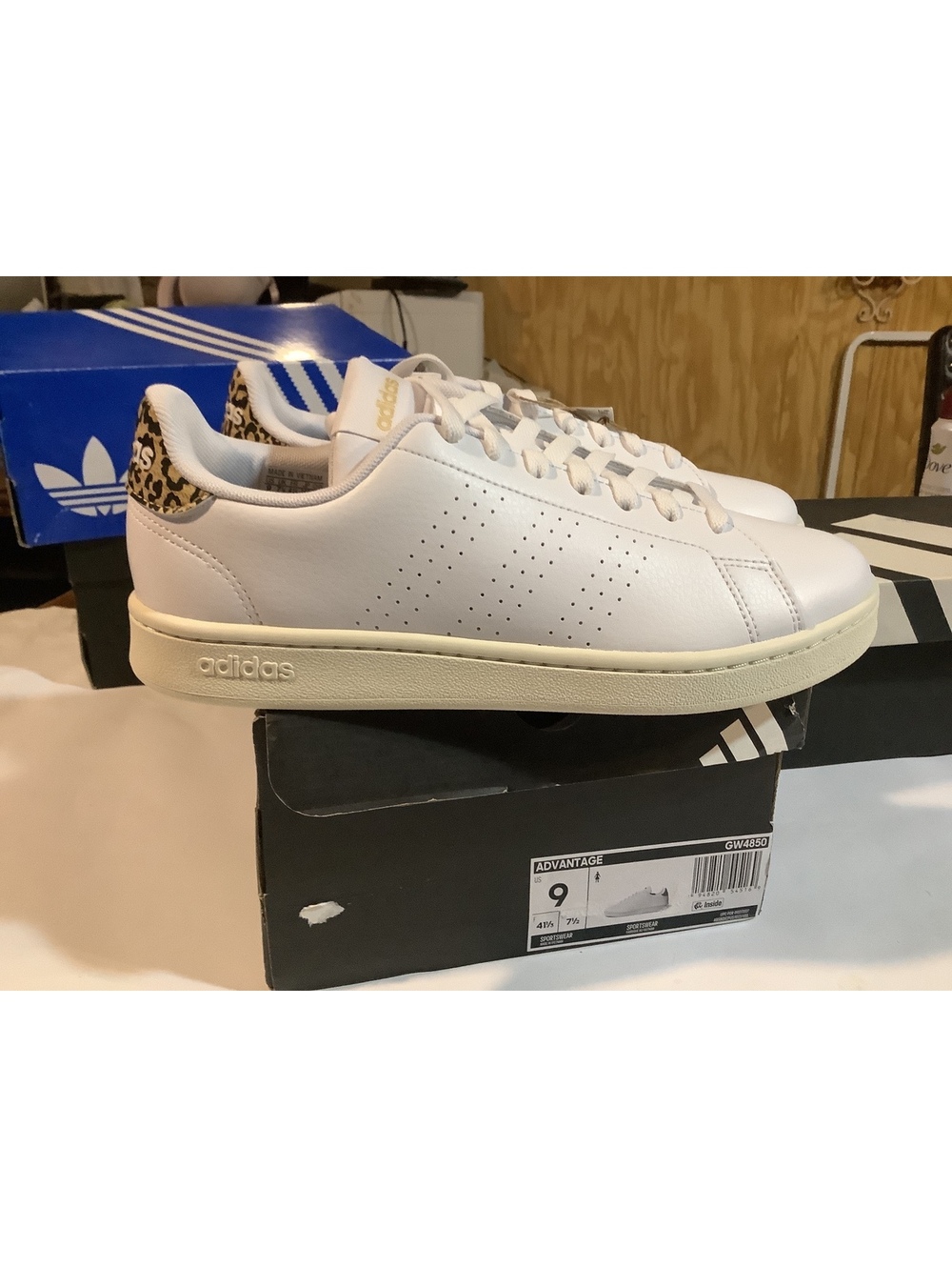 Adidas Advantage White Sneakers with Leopard Print Detail Size 9